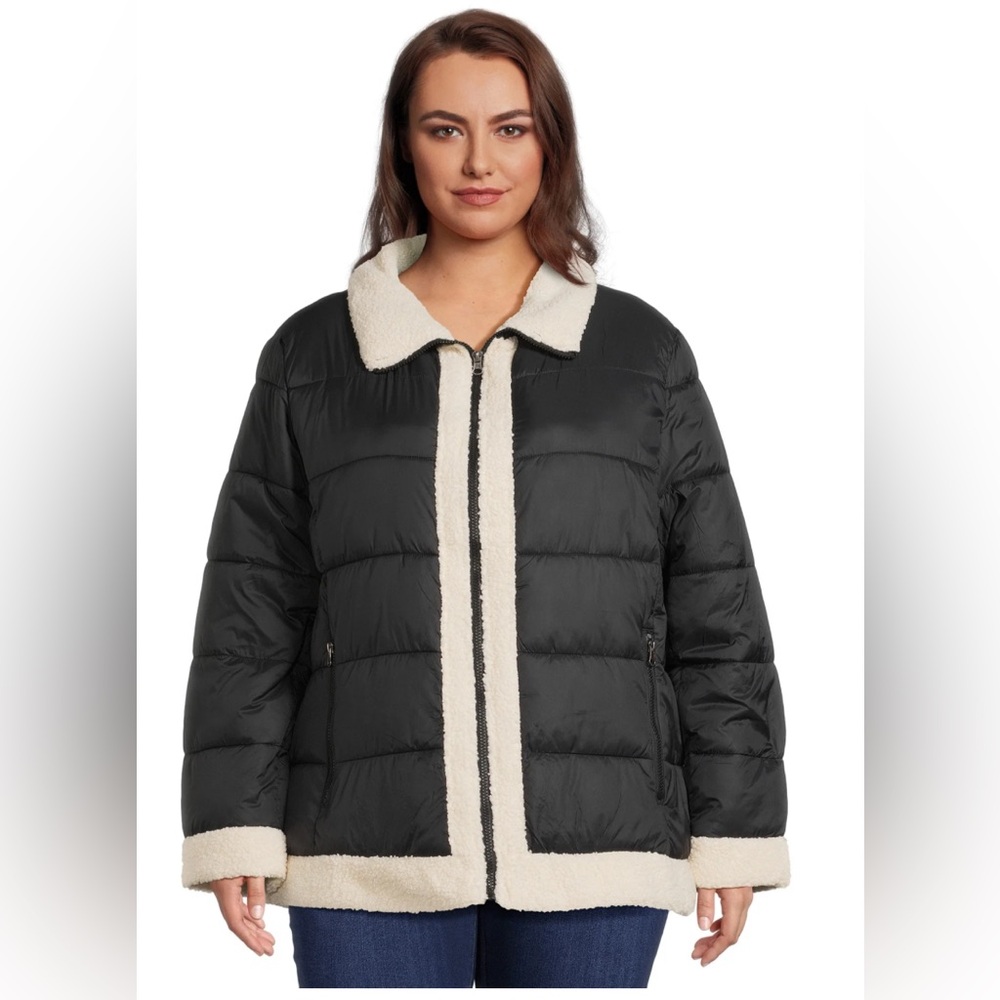 Women's Black Puffer Jacket with Cream colored Sherpa